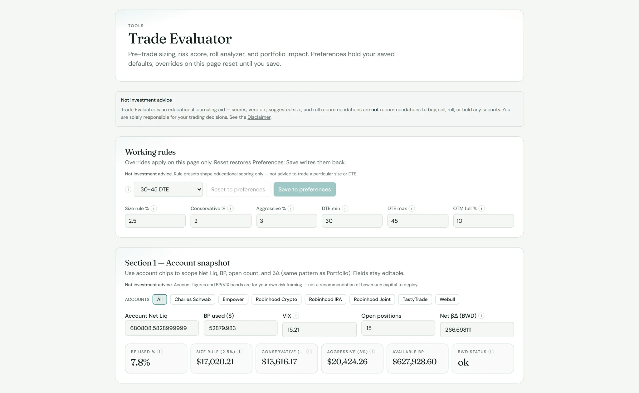 SK TradeLog Trade Evaluator with account snapshot and working rules