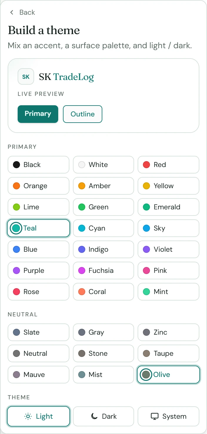 SK TradeLog theme and palette preferences
