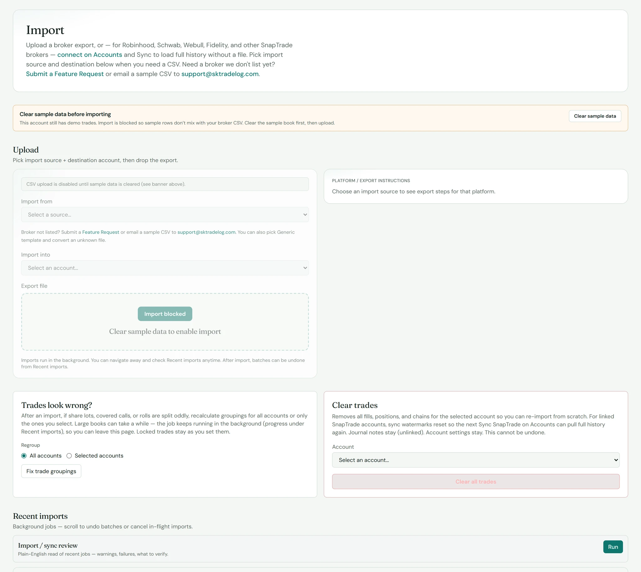 SK TradeLog CSV import and brokerage sync